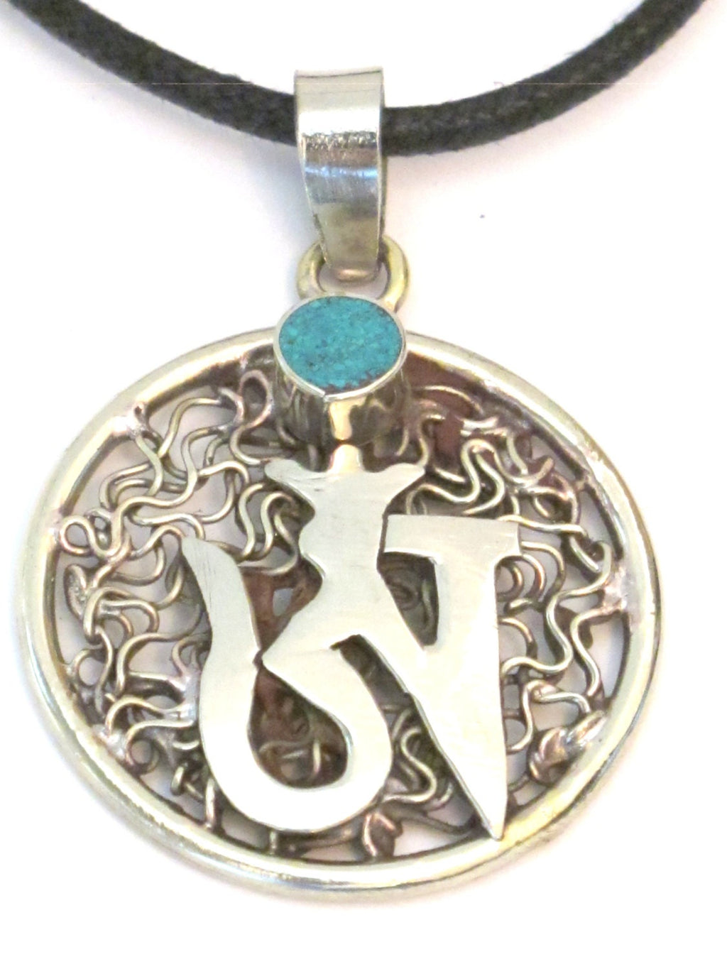 Tibetan silver wire mesh Om mantra pendant with turquoise inlay - PM226B