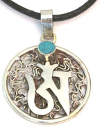 Tibetan silver wire mesh Om mantra pendant with turquoise inlay - PM226B