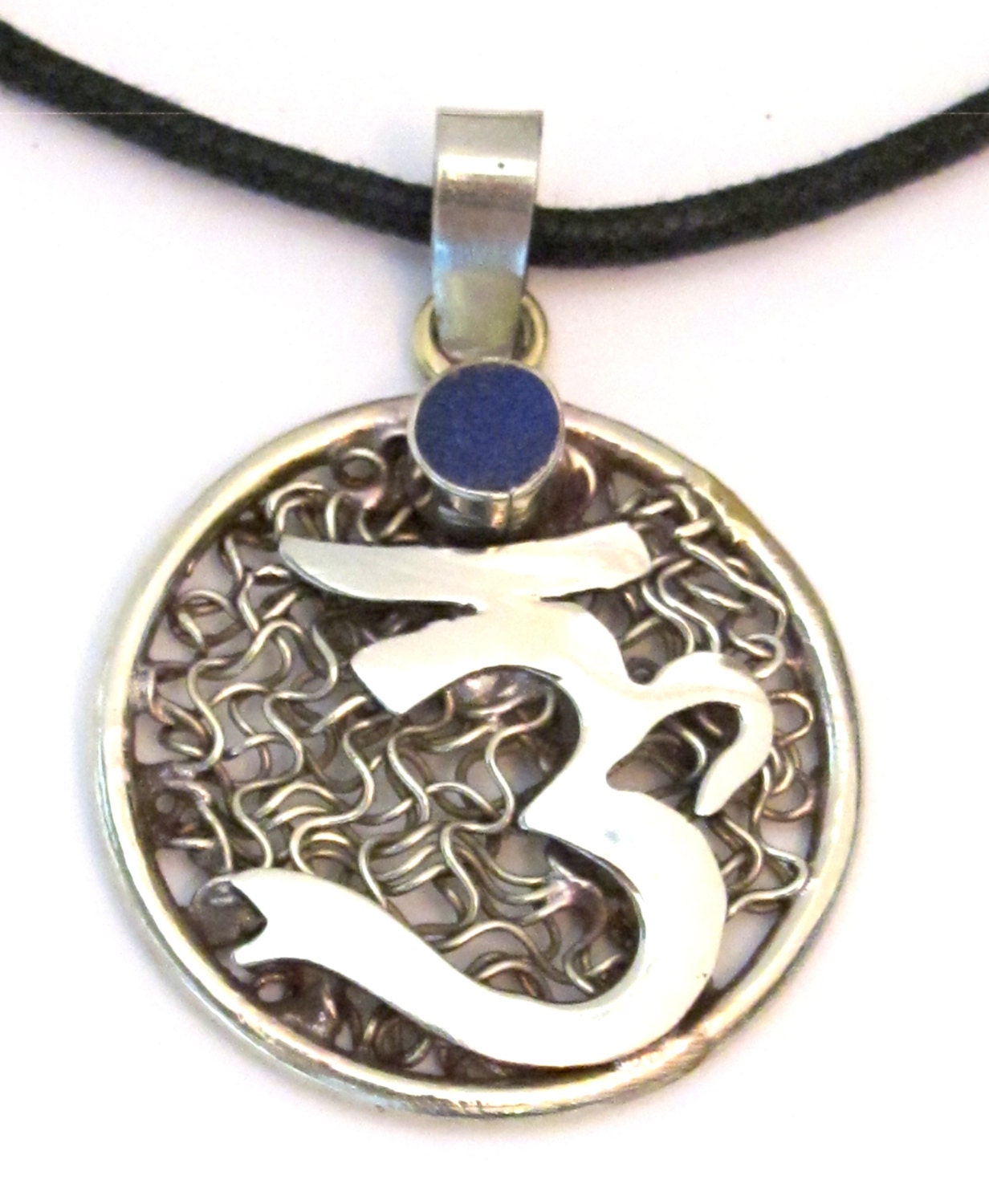 Tibetan silver wire mesh Om mantra pendant with lapis inlay - PM226C