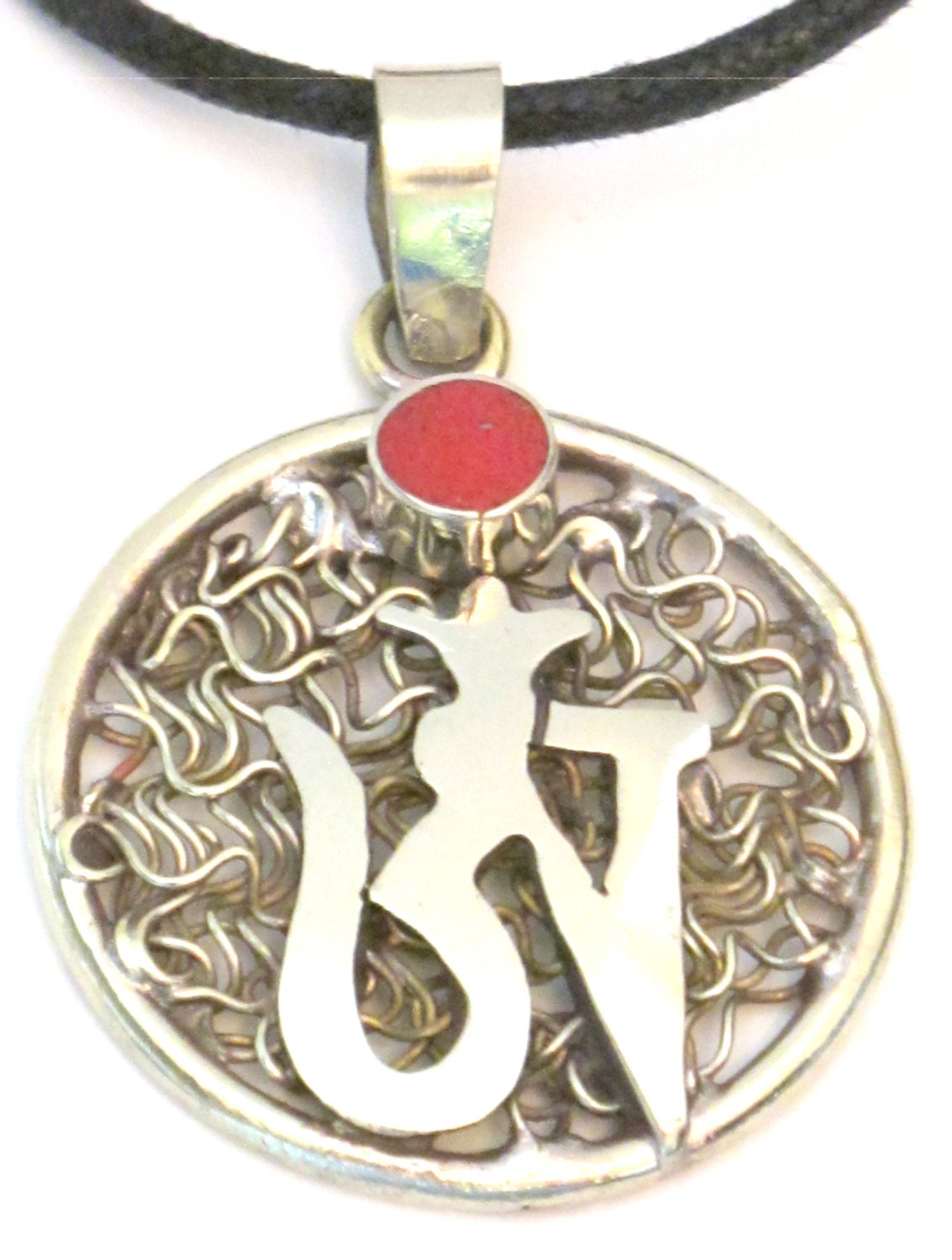 Tibetan silver wire mesh Om pendant with red inlay - PM226A