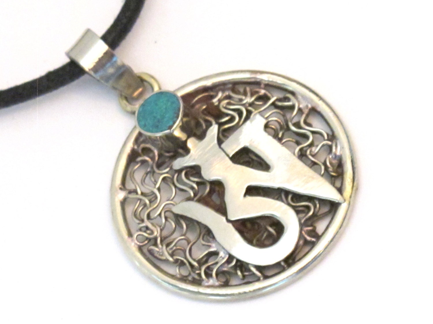 Tibetan silver wire mesh Om mantra pendant with turquoise inlay - PM226B