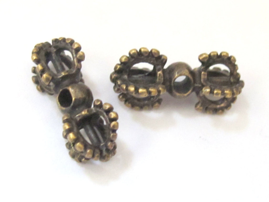 4 BEADS - Tibetan vajra dorje antiqued brass tone mala spacer beads - BD582
