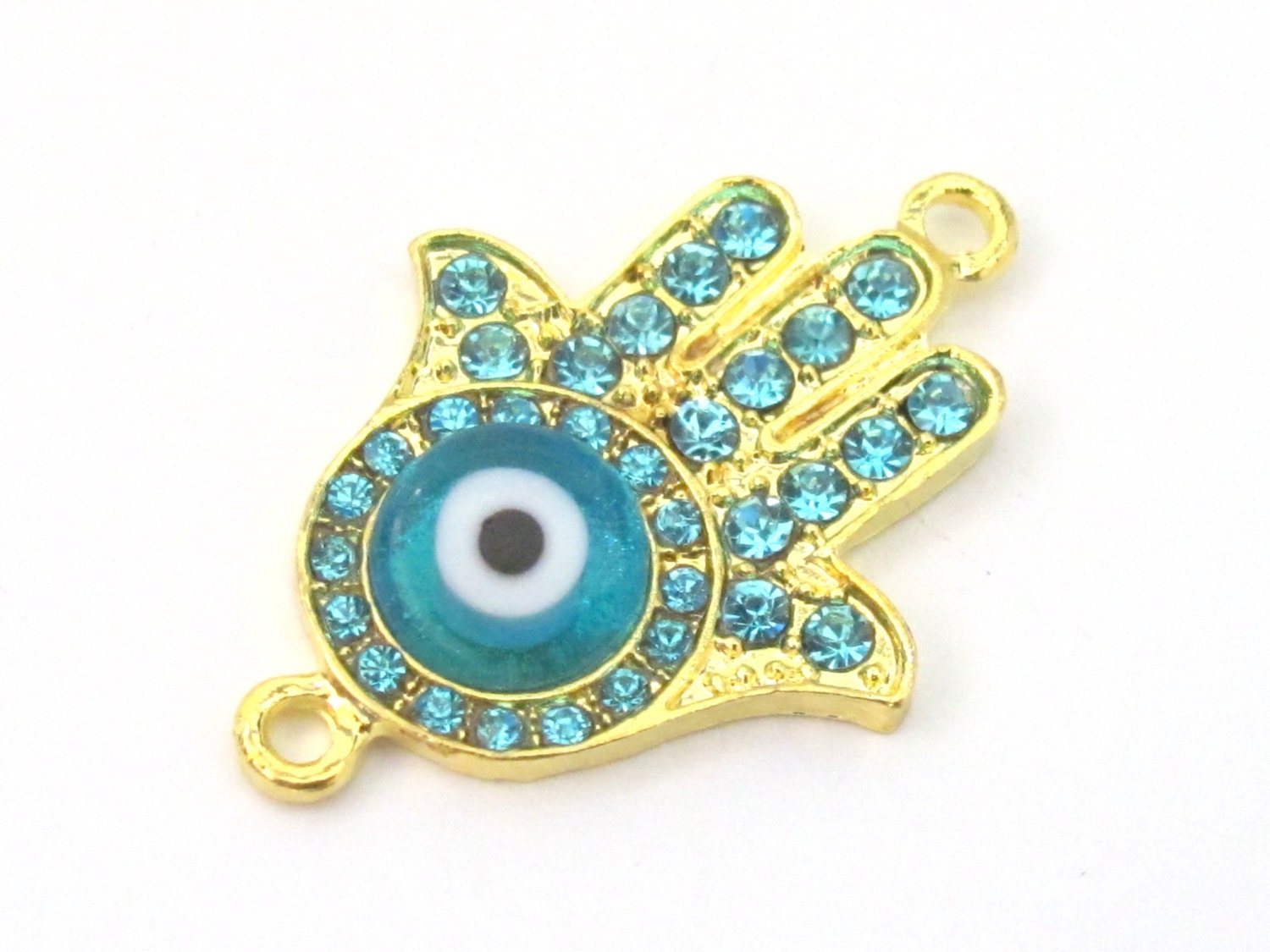 1 Hamsa Hand blue evil eye connector charm pendant with sparkly rhinestones - BD583