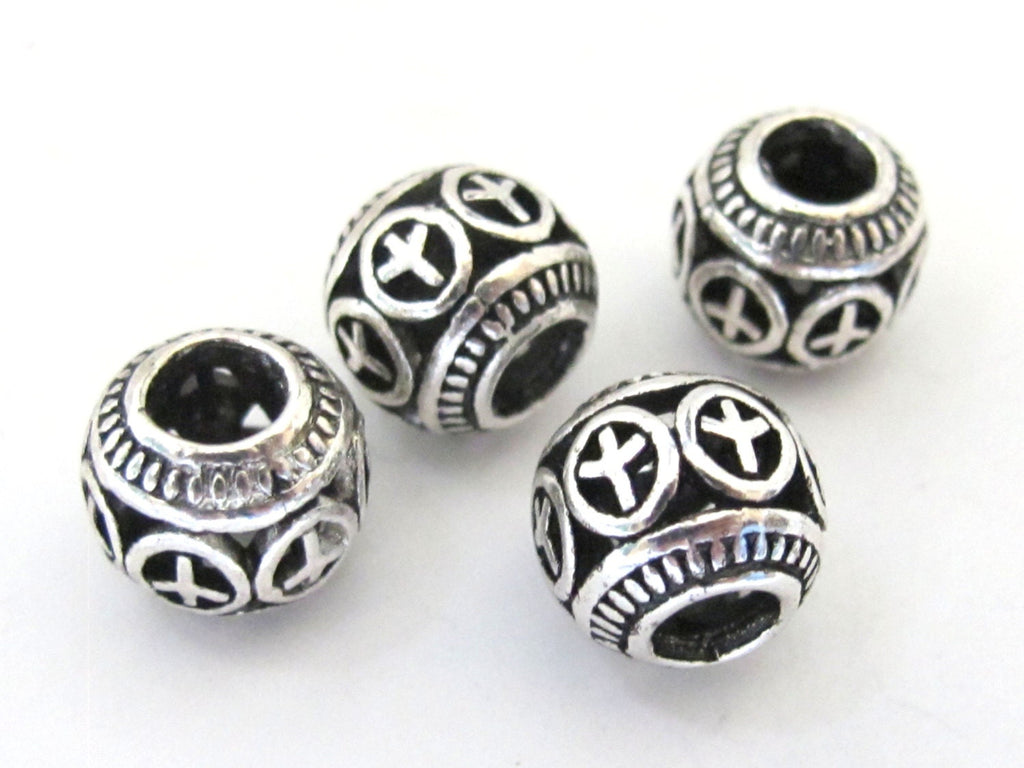 4 BEADS - Antiqued silver retro Peace symbol rondelle shape large hole beads - BD585