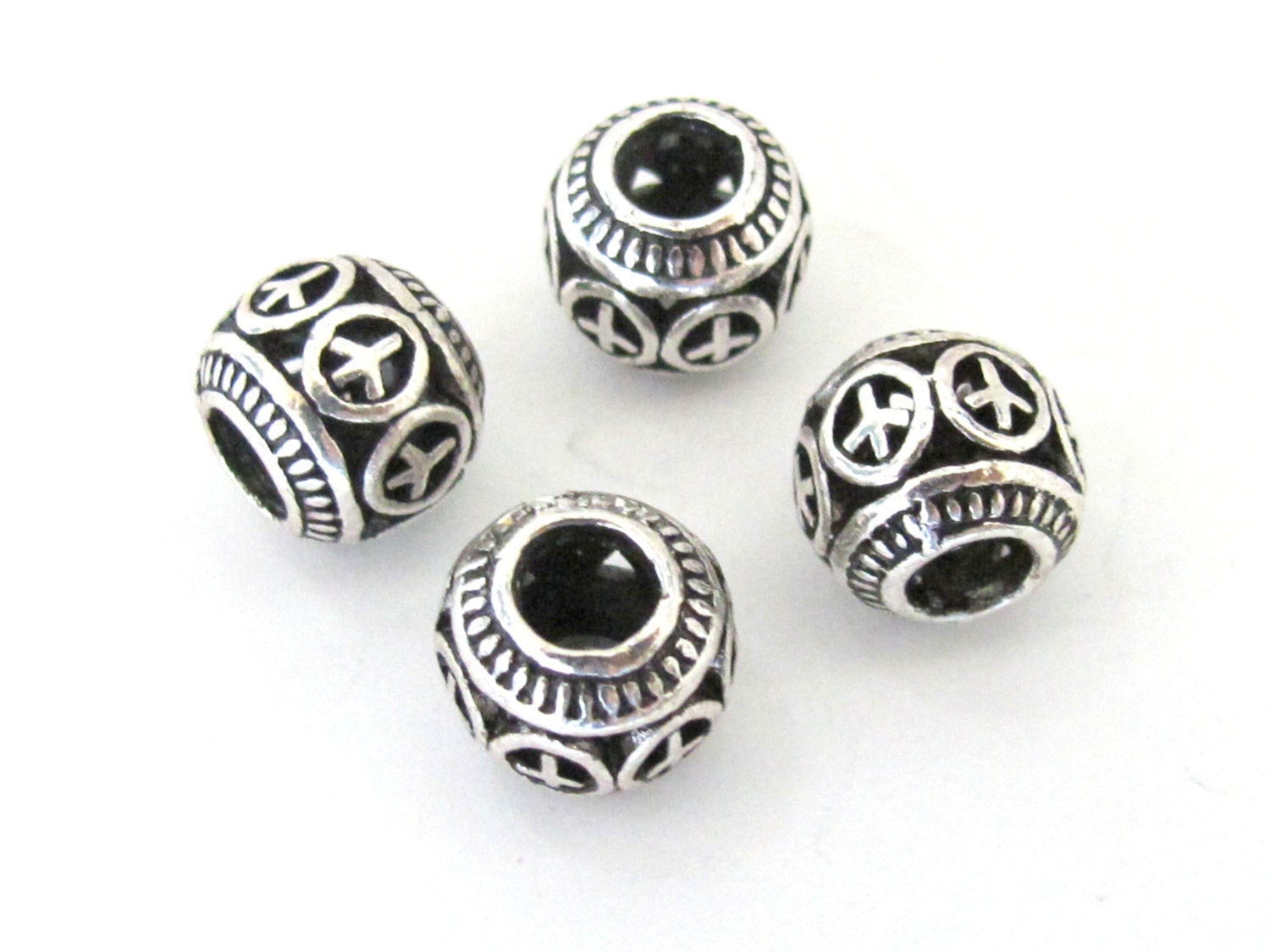 4 BEADS - Antiqued silver retro Peace symbol rondelle shape large hole beads - BD585