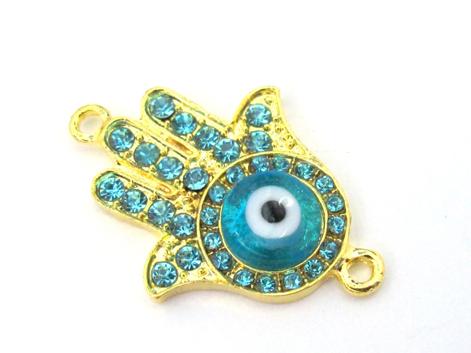 1 Hamsa Hand blue evil eye connector charm pendant with sparkly rhinestones - BD583