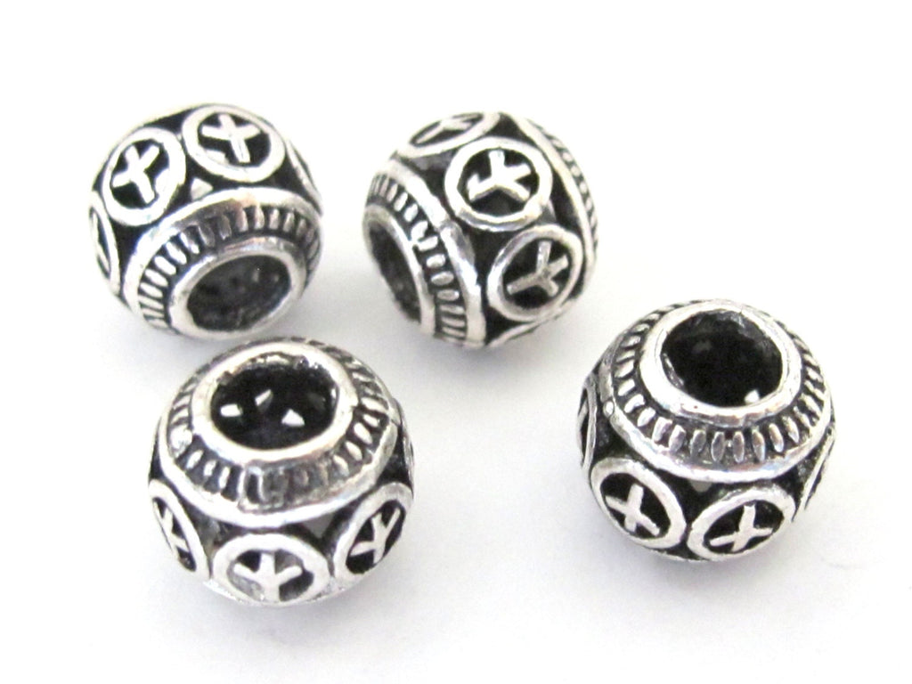 4 BEADS - Antiqued silver retro Peace symbol rondelle shape large hole beads - BD585