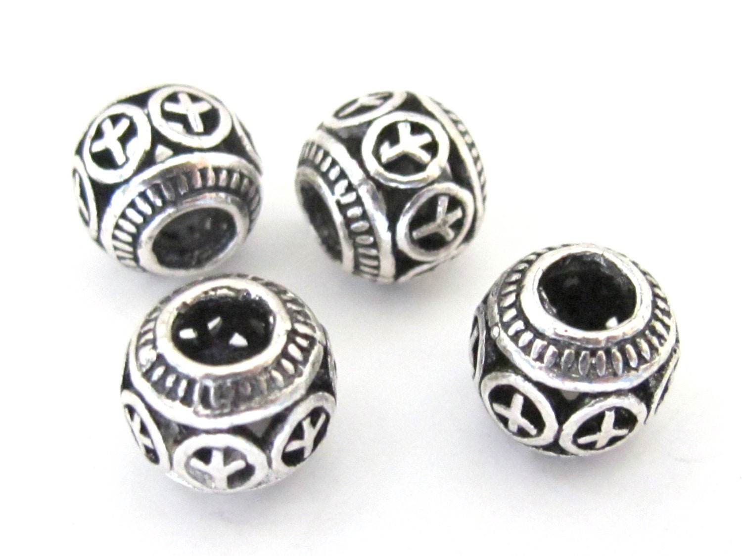 4 BEADS - Antiqued silver retro Peace symbol rondelle shape large hole beads - BD585