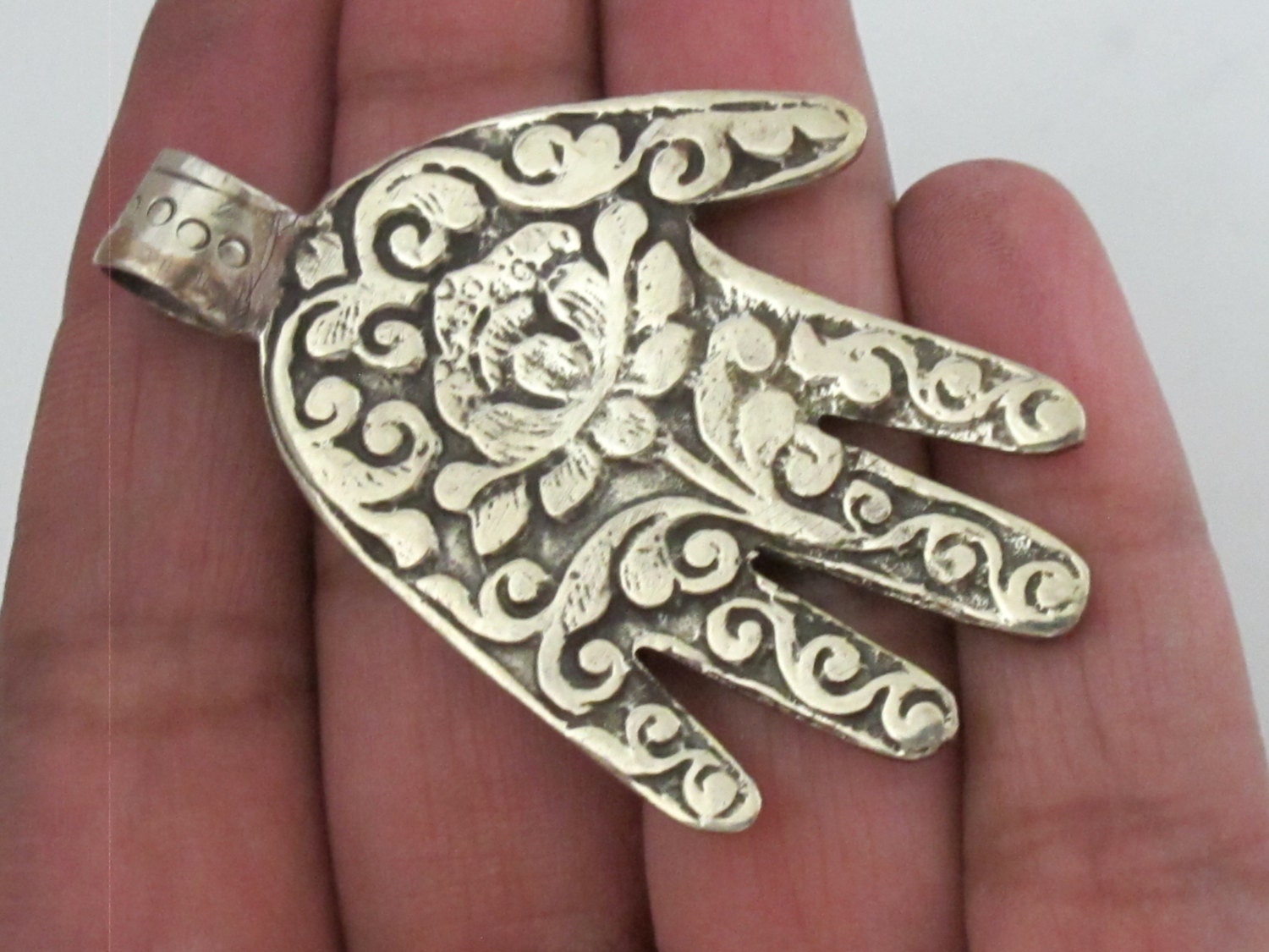 Reversible Tibetan silver Buddha hand Om pendant with Lotus floral details on the reverse side - PM233C
