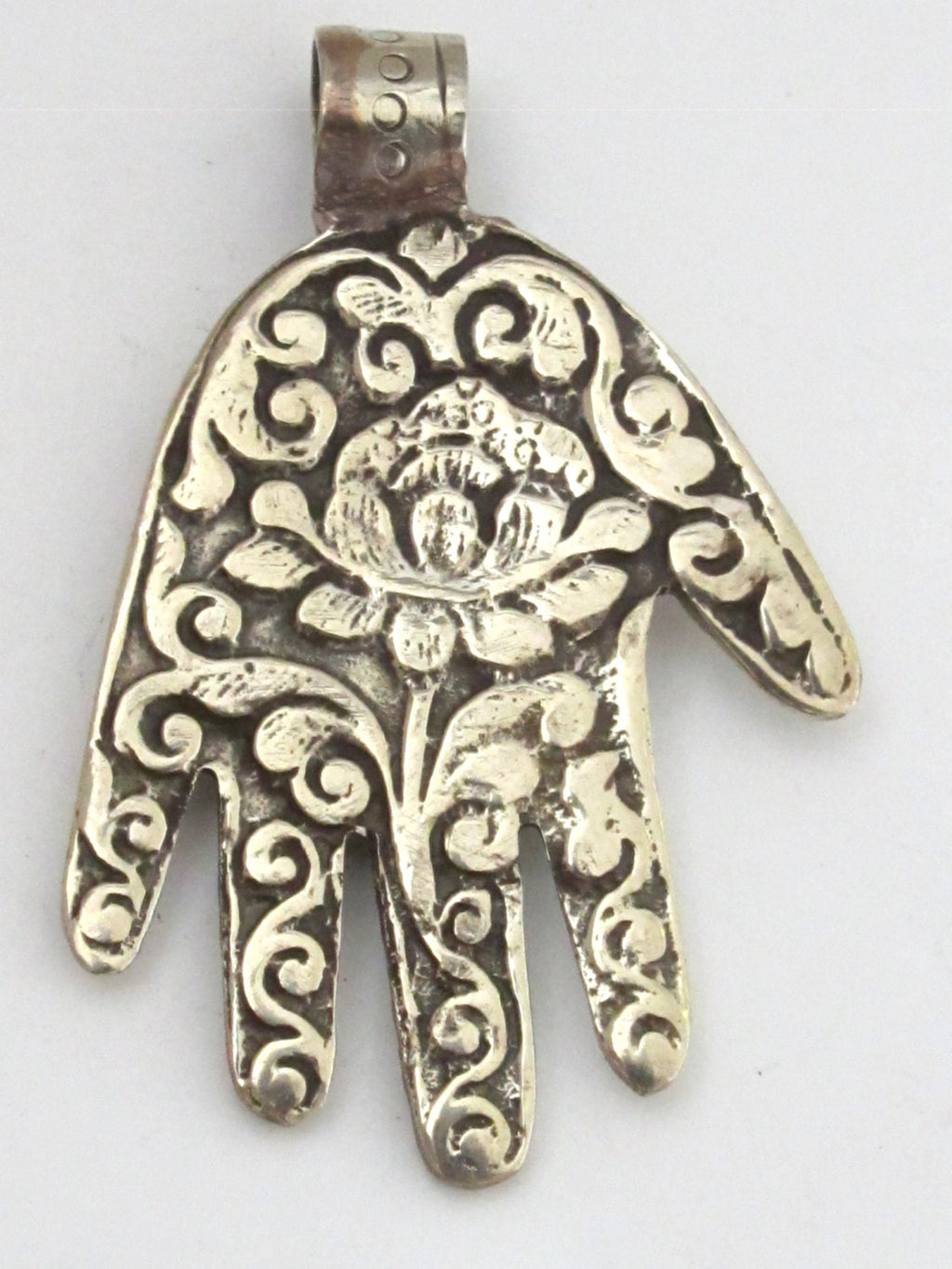 Reversible Tibetan silver Buddha hand Om pendant with Lotus floral details on the reverse side - PM233C