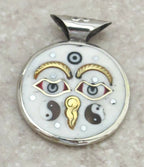Reversible round cream color tibetan recycled cattle bone pendant with brass inlay, om mantra and buddha eye - PM236
