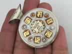 Reversible round cream color tibetan recycled cattle bone pendant with brass inlay, om mantra and buddha eye - PM236