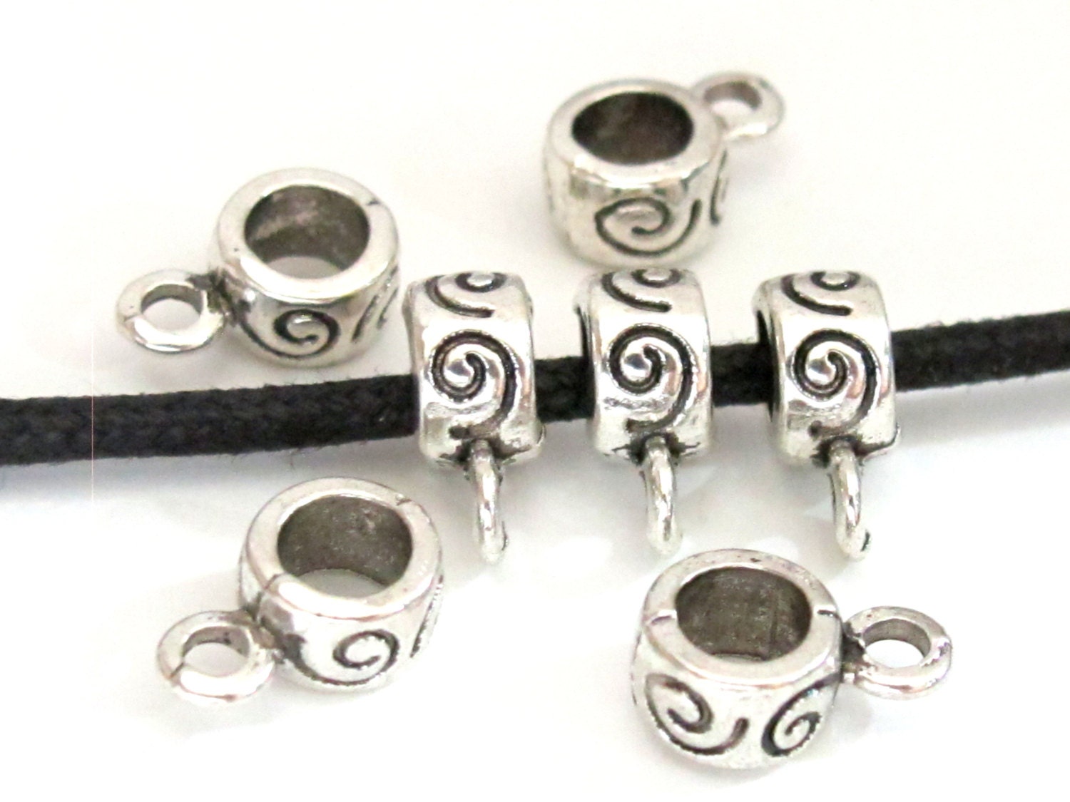 10 Spiral design silver tone plated connector bail beads 7 mm x 12 mm - BD586