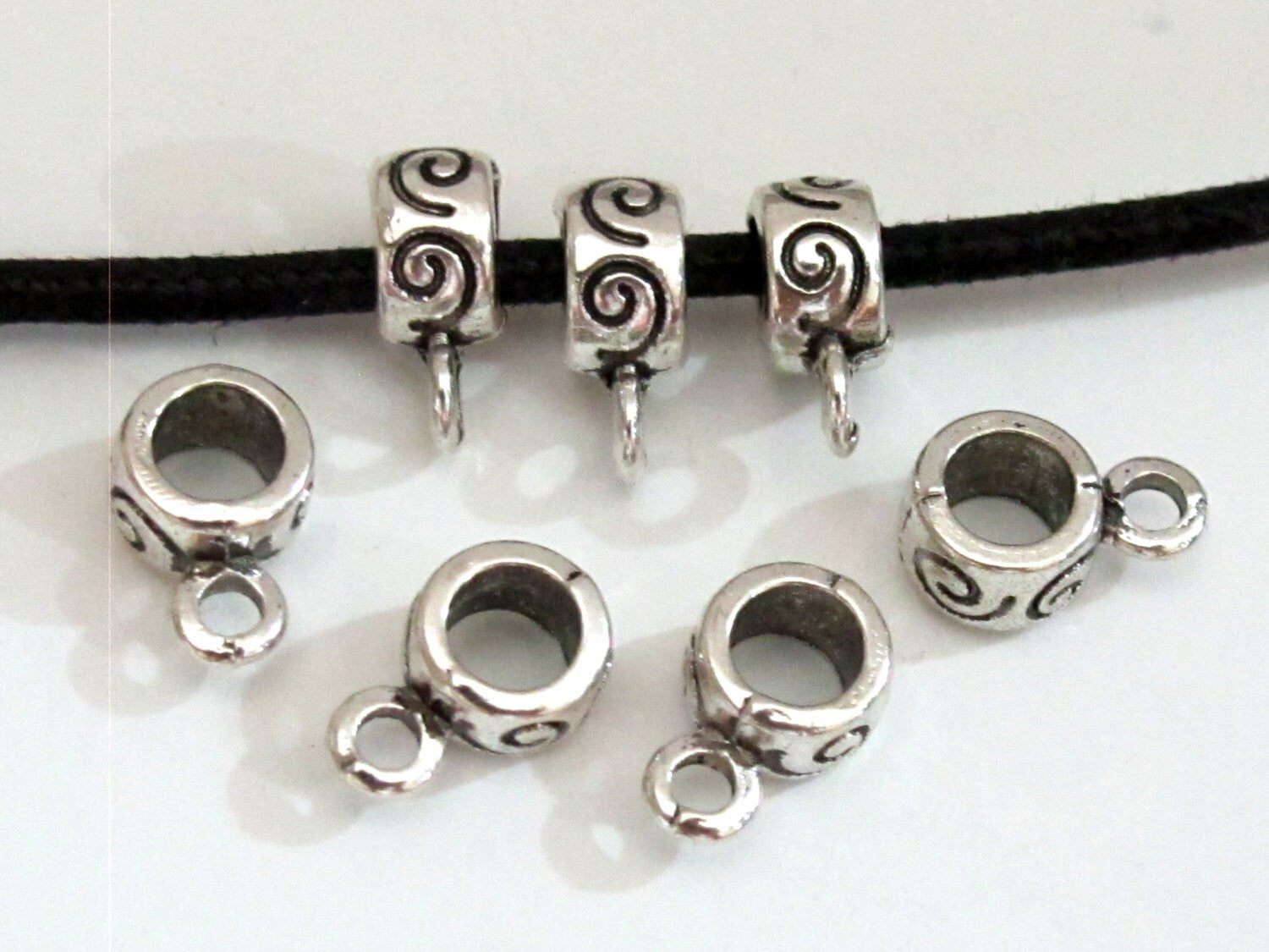 10 Spiral design silver tone plated connector bail beads 7 mm x 12 mm - BD586