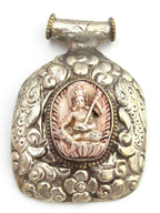 Beautiful Tibetan antiqued silver finish cream white Buddha pendant with floral repousse on reverse - PM201D