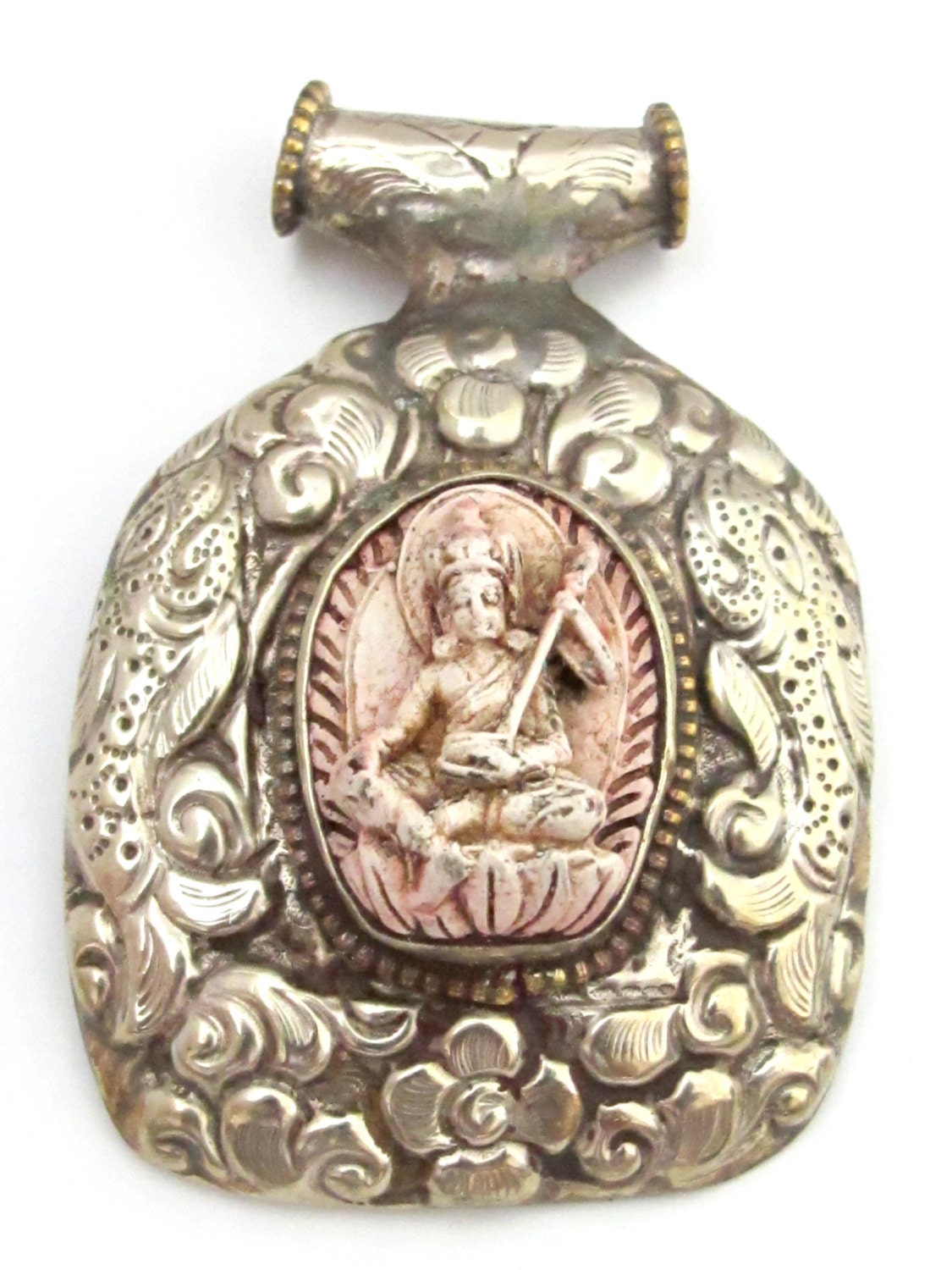 Beautiful Tibetan antiqued silver finish cream white Buddha pendant with floral repousse on reverse - PM201D