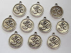 8 pieces - silver tone yoga meditation om metal disc charms beads - BD589