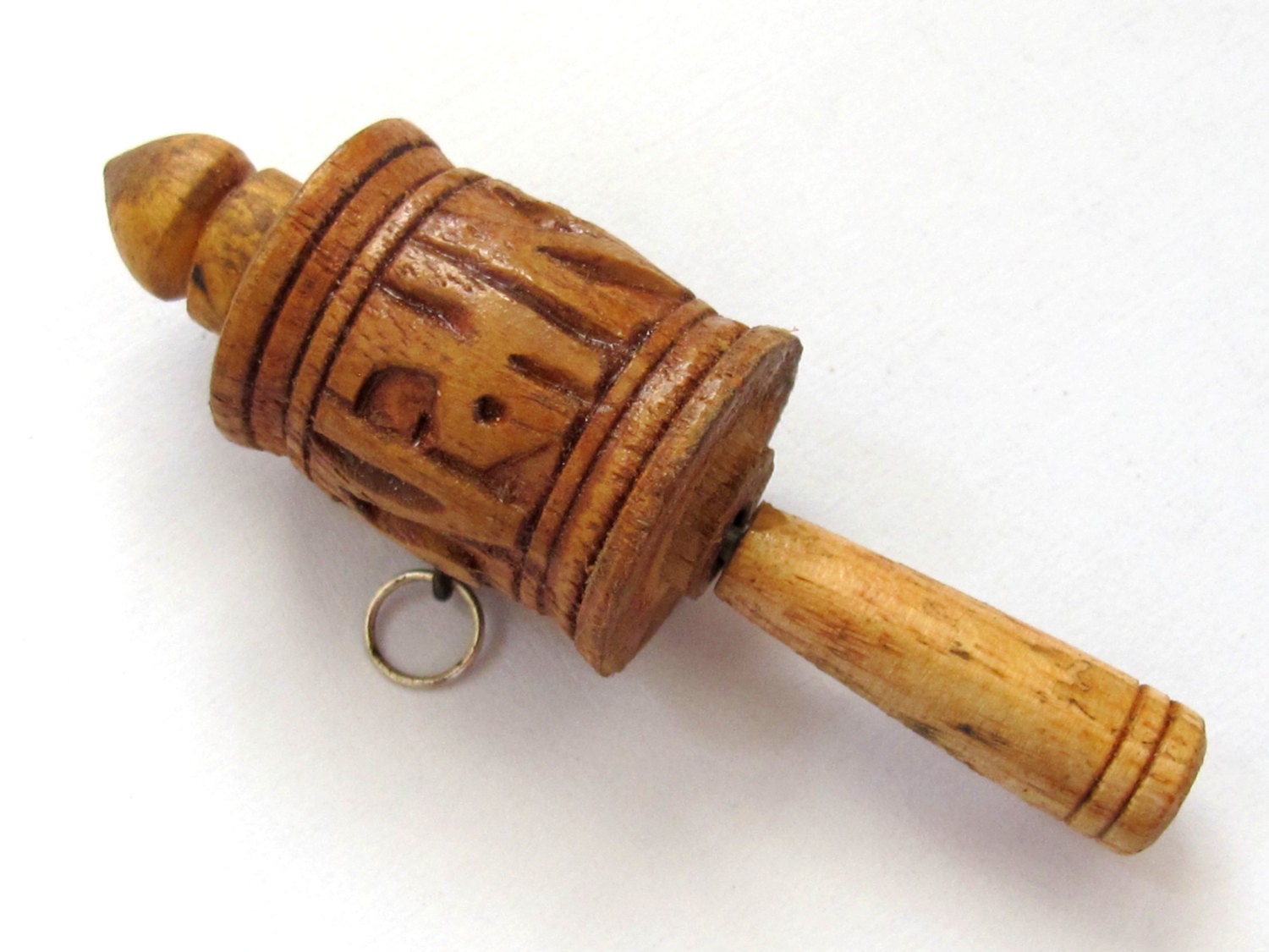 Tibetan Om Mantra carved wooden prayer wheel charm - bag charm, keyring charm PM237