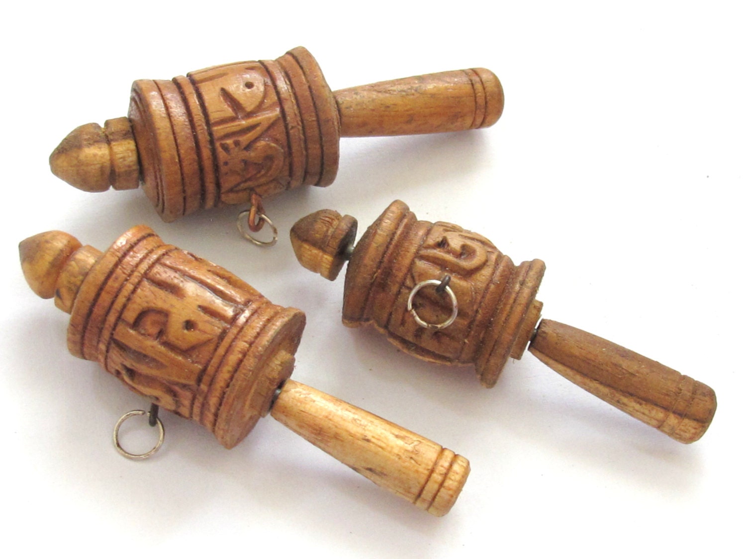 Tibetan Om Mantra carved wooden prayer wheel charm - bag charm, keyring charm PM237