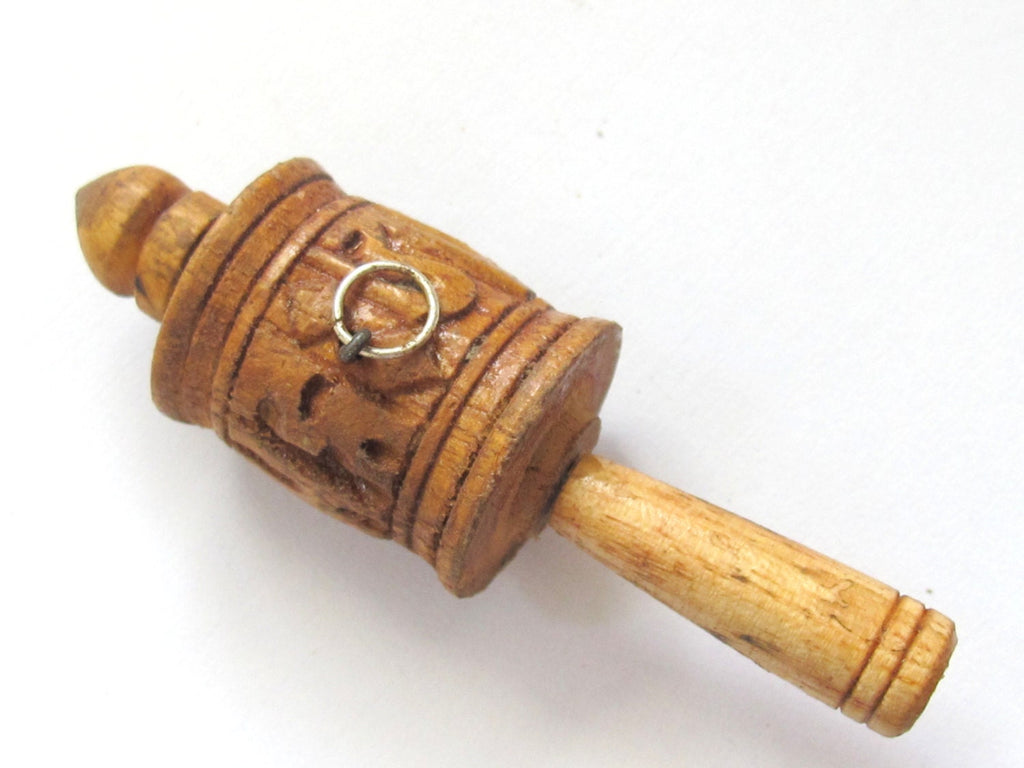 Tibetan Om Mantra carved wooden prayer wheel charm - bag charm, keyring charm PM237