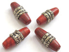 1 BEAD - Tibetan coral bead encased in tibetan silver band - BD591A