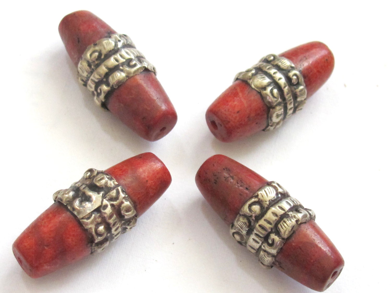 1 BEAD - Tibetan coral bead encased in tibetan silver band - BD591A