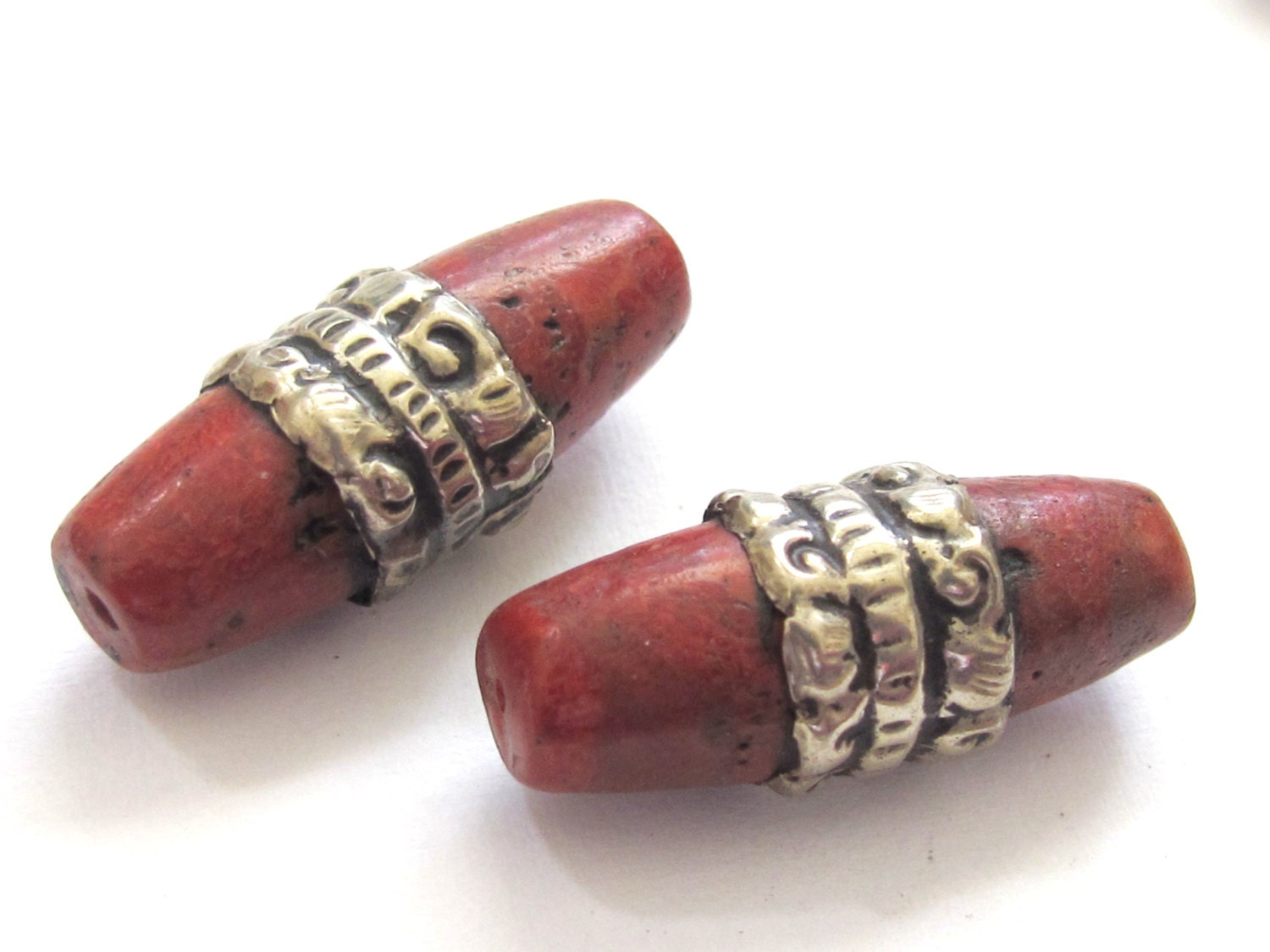 1 BEAD - Tibetan coral bead encased in tibetan silver band - BD591A