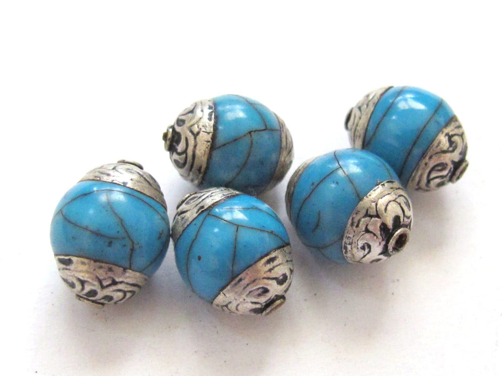 4 BEADS - Blue crackle resin Tibetan silver floral capped beads - BD587A
