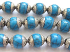 4 BEADS - Blue crackle resin Tibetan silver floral capped beads - BD587A