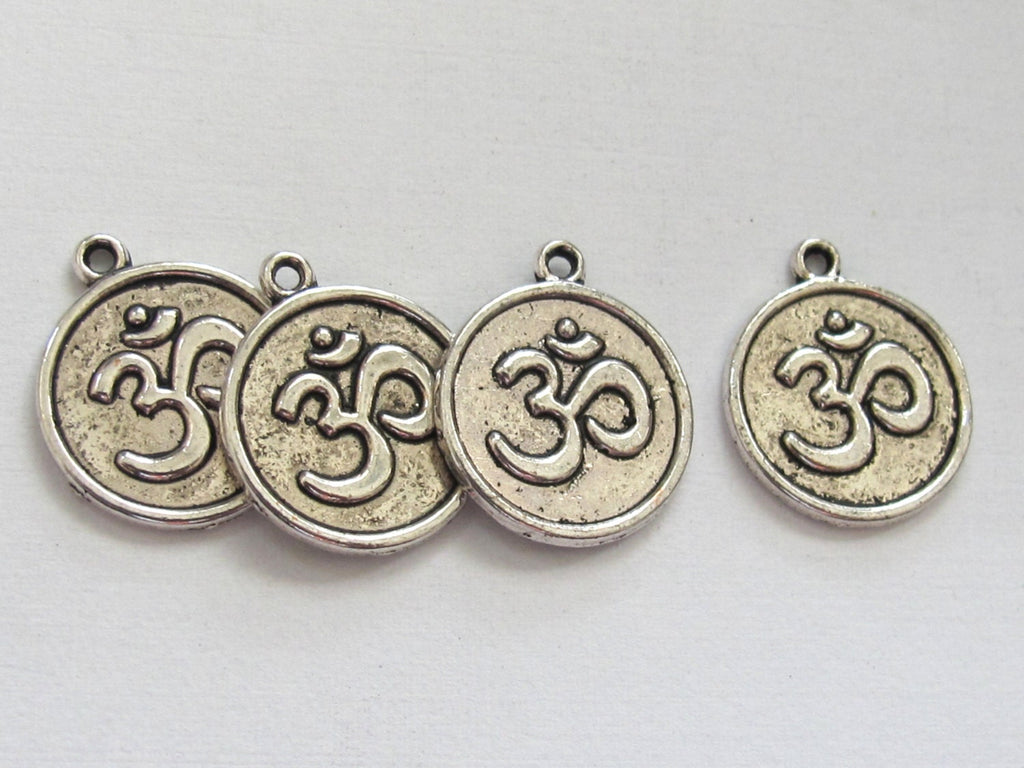8 pieces - silver tone yoga meditation om metal disc charms beads - BD589