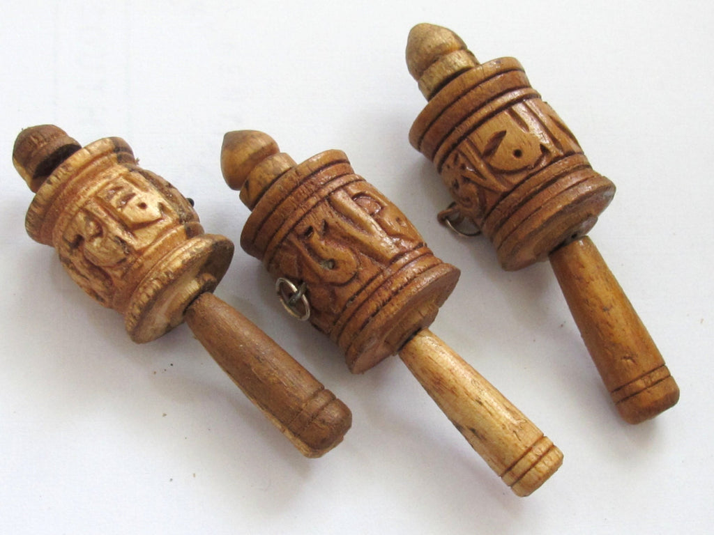 Tibetan Om Mantra carved wooden prayer wheel charm - bag charm, keyring charm PM237