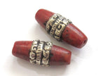 1 BEAD - Tibetan coral bead encased in tibetan silver band - BD591A