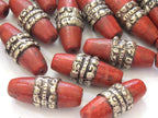 1 BEAD - Tibetan coral bead encased in tibetan silver band - BD591A