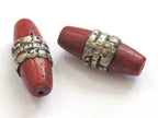 1 BEAD - Tibetan coral bead encased in tibetan silver band - BD591A