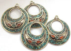 2 pieces - Ethnic Oval disc Tibetan silver charm pendant discs with turquoise inlay - PM239