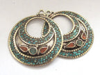 2 pieces - Ethnic Oval disc Tibetan silver charm pendant discs with turquoise inlay - PM239