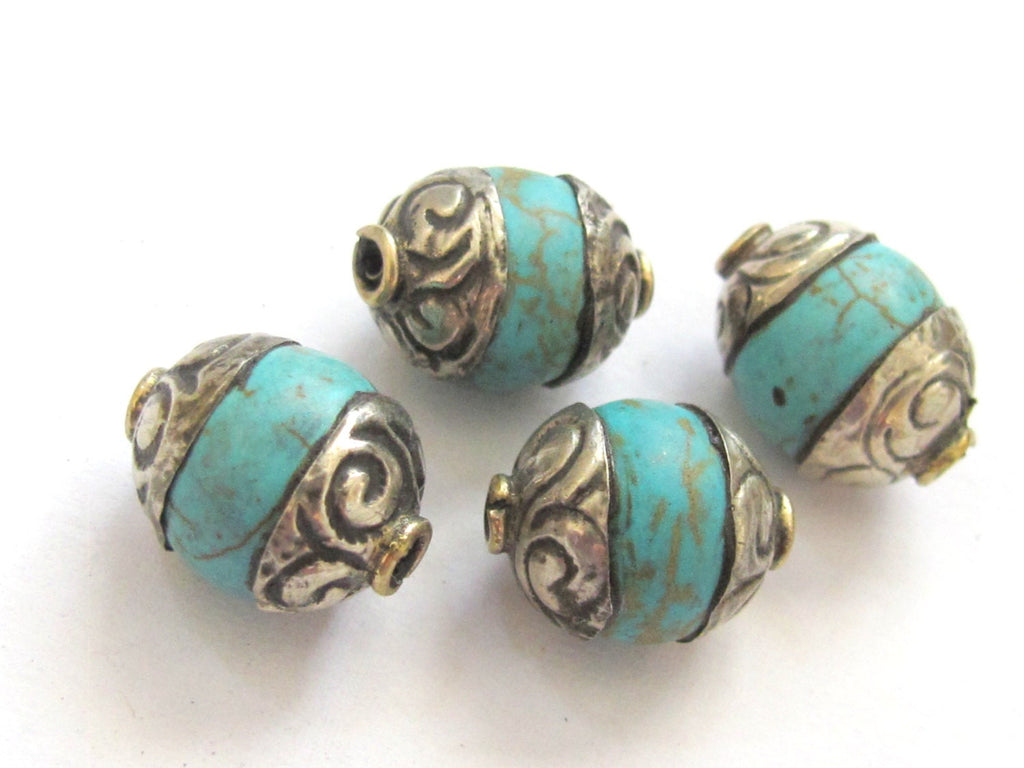 2 BEADS - Capped Tibetan turquoise gemstone beads from Nepal - BD596A