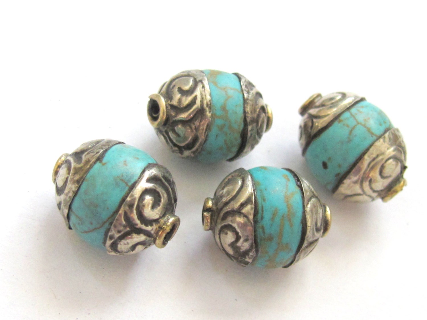 2 BEADS - Capped Tibetan turquoise gemstone beads from Nepal - BD596A