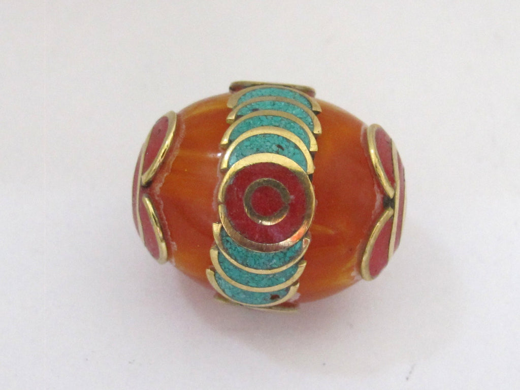 Beautiful Tibetan copal Resin bead with brass , turquoise and coral inlay - 1 bead - BD598B
