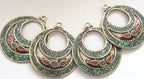 2 pieces - Ethnic Oval disc Tibetan silver charm pendant discs with turquoise inlay - PM239