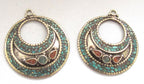 2 pieces - Ethnic Oval disc Tibetan silver charm pendant discs with turquoise inlay - PM239