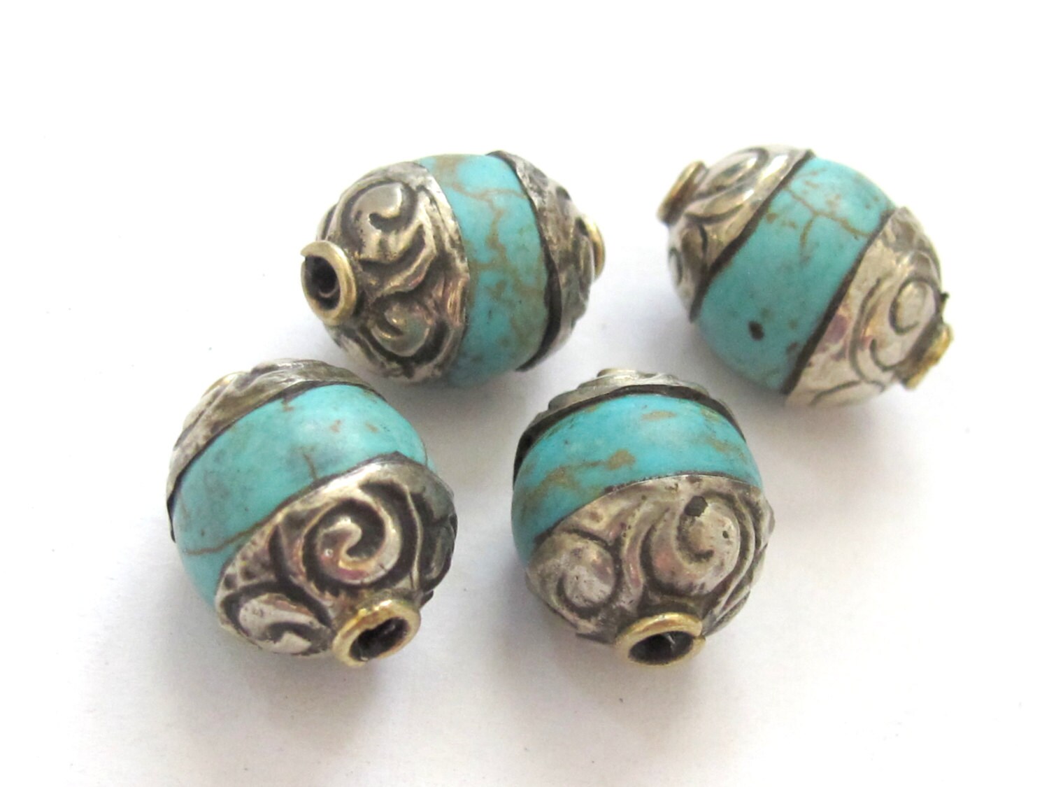 2 BEADS - Capped Tibetan turquoise gemstone beads from Nepal - BD596A