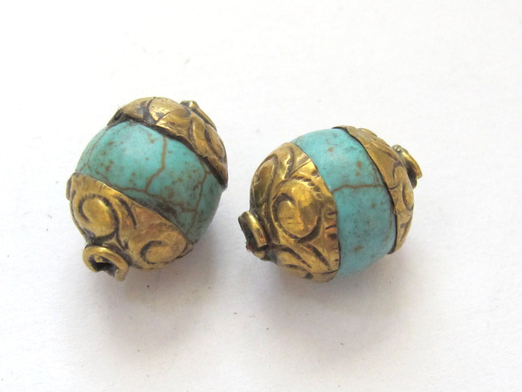 2 BEADS - Capped Tibetan turquoise gemstone beads from Nepal - BD596B