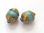 2 BEADS - Capped Tibetan turquoise gemstone beads from Nepal - BD596B