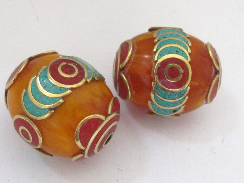 Beautiful Tibetan copal Resin bead with brass , turquoise and coral inlay - 1 bead - BD598B