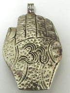 Large size Buddha hand turquoise coral inlaid Om inscribed reversible pendant - PM240C