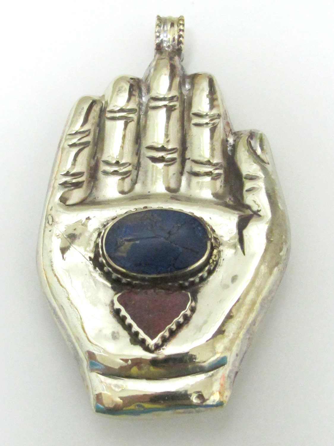 Large bold size Buddha hand lapis coral inlaid Om inscribed reversible pendant rustic finish- PM240A