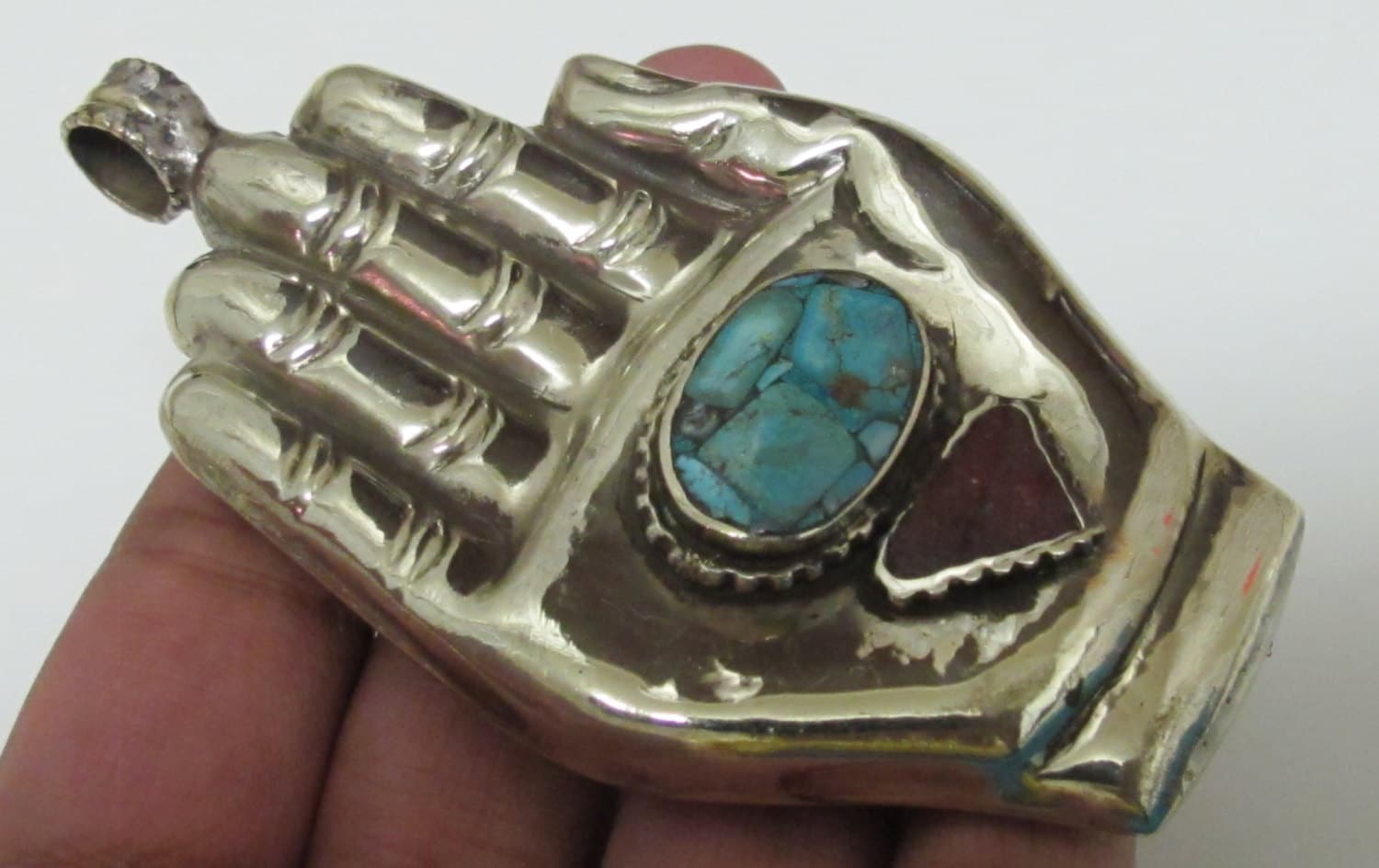 Large size Buddha hand turquoise coral inlaid Om inscribed reversible pendant - PM240C