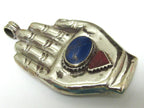 Large bold size Buddha hand lapis coral inlaid Om inscribed reversible pendant rustic finish- PM240A