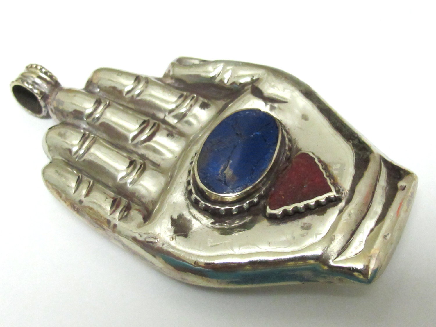 Large bold size Buddha hand lapis coral inlaid Om inscribed reversible pendant rustic finish- PM240A